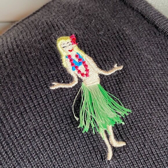 Vintage 00s ALEXANDRA BARTLETT Black Embroidered HULA Dancer Cardigan Sweater L - Picture 3 of 6